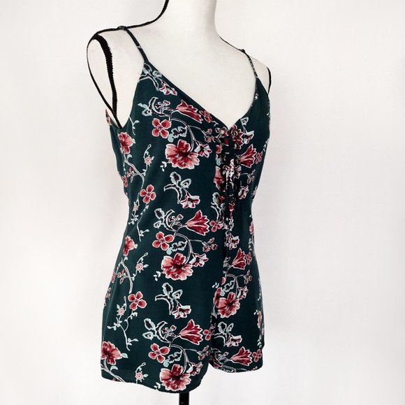 Forever 21 Green Lace-Up Floral Cami Open Back Romper Size S - Picture 4 of 14